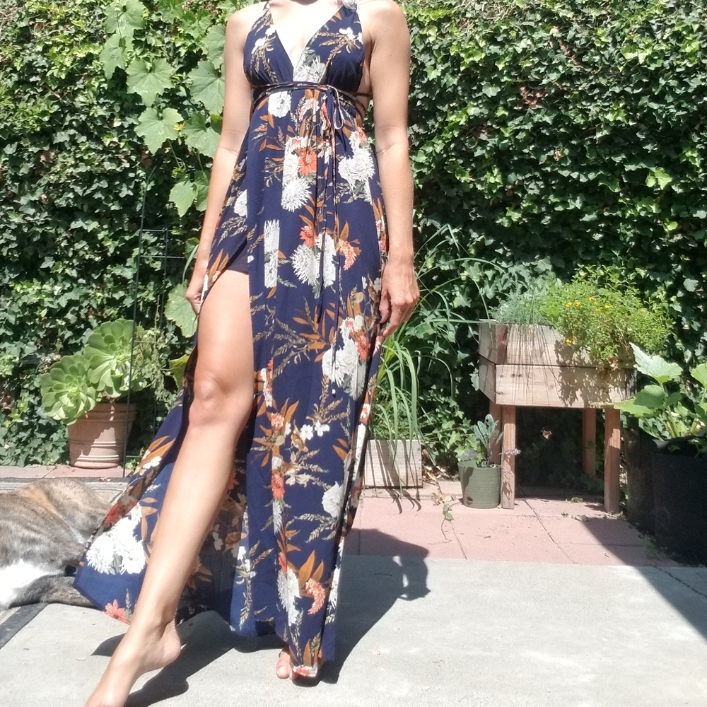 Navy floral high slit maxi